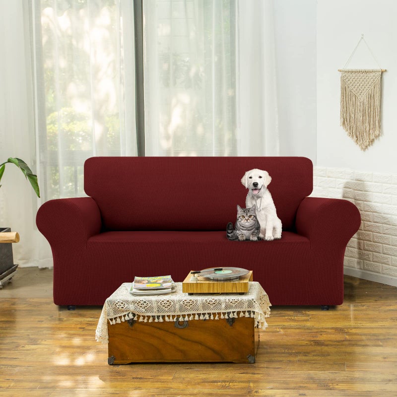 LURKA Stretch Loveseat Sofa Slipcovers 1 Piece Couch Covers for Sofa Furniture Protector Full Sofa Covers with Elastic Bottom for Kids and Dog (Medium Dark Red) - Image 2